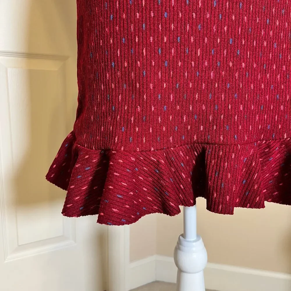 Free People Red Sweater Skirt Ruffle Bottom Pink and Blue Dash Print Size Medium